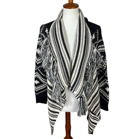 Angie Cozy Southwest Boho Fringe Black and White Open Cardigan Size L - Picture 3 of 8